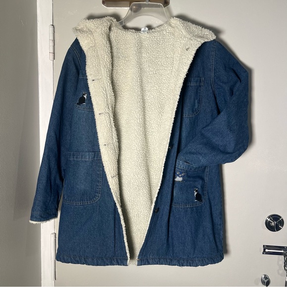 🐈⬛Cat Denim Sherpa Lined Embroidered Coat - Picture 4 of 16